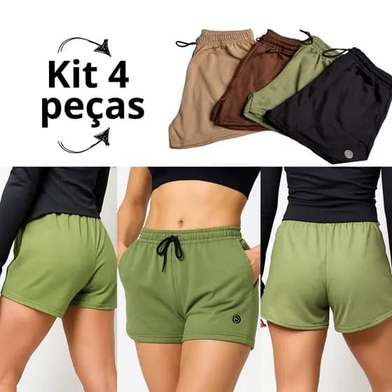 Kit 4 Shorts Feminino Cintura Alta Moletom Conforto com Bolsos Moda Casual e Fitness Preto, Marrom, Caqui e Verde
