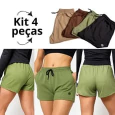 Kit 4 Shorts Feminino Cintura Alta Moletom Conforto com Bolsos Moda Casual e Fitness Preto, Marrom, Caqui e Verde