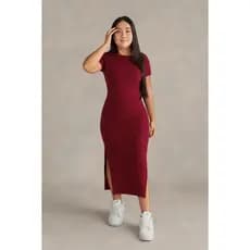 Vestido Midi Canelado Manguinha Tubinho Com Fendas Super Promoção