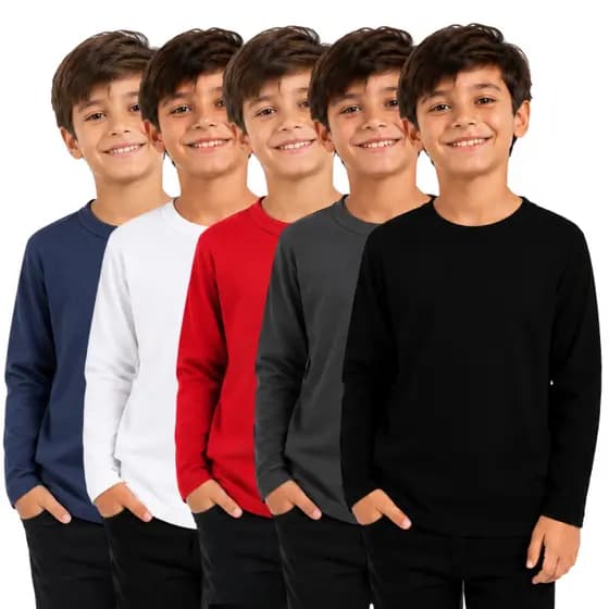 Kit com 3 Camiseta Infantil Lisa Básica Manga Longa Unissex Masculina e Feminino Lisa Básica