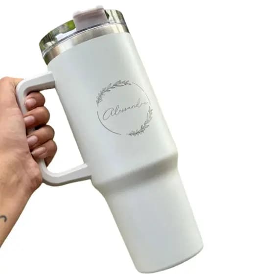 Copo Termico Branco 1,2l Com Tampa e Canudo  Personalizado a laser
