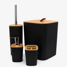 Kit Banheiro 4 Peças Quadrado Tampa Bambu Lixeira Porta Escova Dispenser de Sabonete Liquido Escova