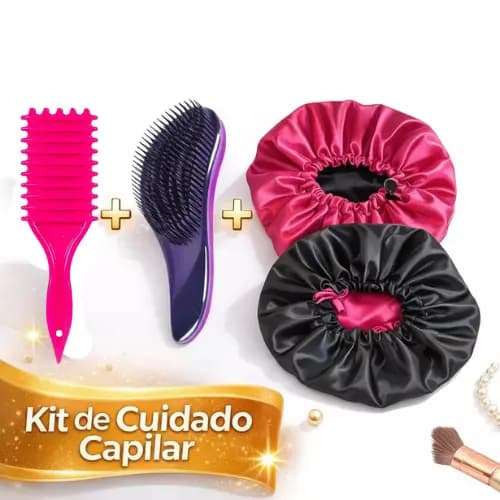 Kit 4 Itens Cabelo 2 Toucas de Cetim  + Escova Mágica + Escova Fitagem Definição de Cachos