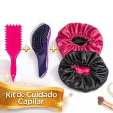 Kit 4 Itens Cabelo 2 Toucas de Cetim  + Escova Mágica + Escova Fitagem Definição de Cachos