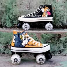Patins de rolo de duas fileiras Patins de rolo de quatro rodas Patins de rolo de lona Grafite Casual Brush Street Patins de rolo adulto