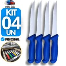 Jogo 4 Faca Desossa pra Açougue Frigoríficos Corte Preciso com Cabo Azul Aço Inox 6 Polegadas Facas
