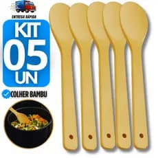 Kit 5 Colher Bambu Profissional 30cm Cabo Longo Resistente Para Cozinha Restaurante Hotel Buffet Culinária
