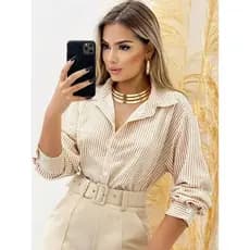 Camisa Social  Feminina Manga Longa De Crepinho Listrado e Lisa