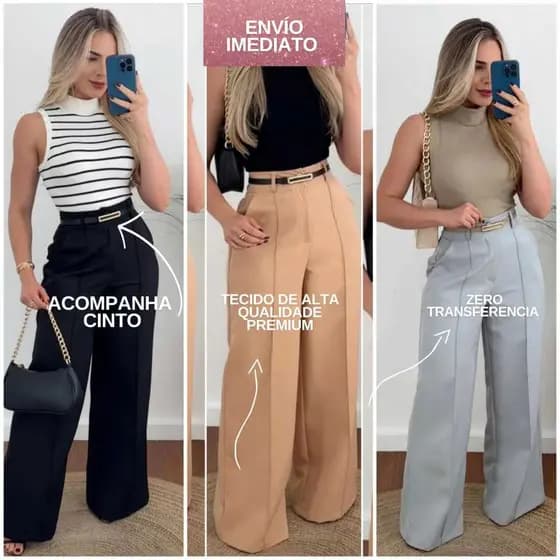 Calça Femenina Pantalona Alfaitaria Social  Botão encapado e ziper com Cinto P/G1