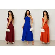 Vestido Longo Feminino Asimetrico tecido Duna amarracão no pescoso decote nas costas elastex  costas