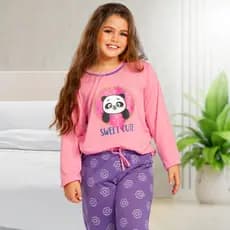Conjunto Pijama Infantil Feminino Fofo de Inverno para Meninas Calça e Blusa de Frio Urso Panda POP