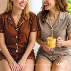 Pijama Blogueira Americano Verão Kit Baby Doll Aberto Botões Amamentação Nude Marrom Original POP