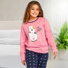 Pijama Infantil para Menina de Inverno Conjunto Longo Calça e Blusa de Frio Gatinho POP