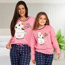 Kit Pijama Feminino Mãe e Filha Conjunto Confort Inverno Calça e Blusa de Frio Gato Xícara POP