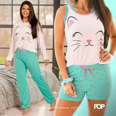 Kit 2 Pijamas Femininos Conjunto Inverno e Verão Pijama mais Baby Doll Estampado Fofinho Confort POP