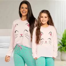 Kit 2 Pijamas Longos Conjunto Mãe e Filha de Inverno Calça e Blusa de Frio Adulto e Infantil Gatinha