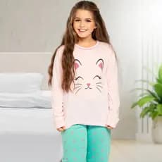 Pijama Infantil Inverno Conjunto Longo Calça e Blusa de Frio para Menina Gatinha POP