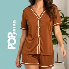 Pijama Feminino Americano Blogueirinha Marrom Com Botões Amamentação Super Confortável Cirúrgico