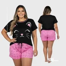 Pijama Plus Size Feminino Curto Blogueira Verão Conjunto Short e Blusa Baby Doll Confort POP