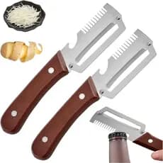 2 Peças Descascador De Vegetais De Com Cabo De Madeira E Abridor De Garrafas , Julienne De Aço Inoxidável , Utensílios D