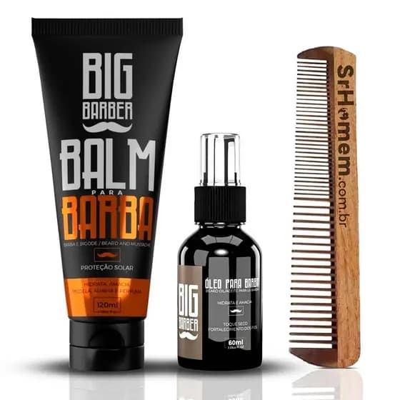 Kit Balm E Óleo + Pente Duplo Madeira Para Barba Big Barber