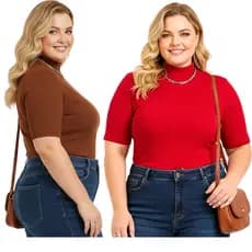 Kit 2 Blusa Feminina Plus Size Gola Alta Canelada Dia A Dia – Manga Curta Tamanhos Grandes G1 G2 G3