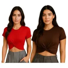 Kit 2 Blusas Cropped Viscolycra Manga Curta Nozinho Feminino Confortável Basica