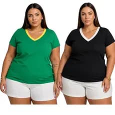 Kit 2 Blusa Feminina Plus size Brasil  Viscolycra Camiseta Lisa Gola V Bicolor G1 G2 G3