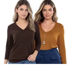 Kit 2 Blusa Feminina Manga Longa Gola V Segunda Pele Basica T-shirt