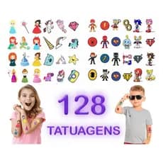 Tatuagem Temporária Infantil para Festas e Eventos - 128 Peças, 4 Temas Diversos, Não Tóxico SORTIDOS meninas e meninos