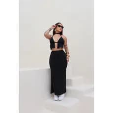 Conjunto Feminino Top Cortininha E Saia Longa Com Fenda Elegante Verão