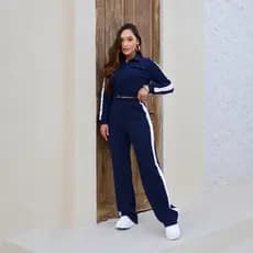 Conjunto Feminino Moda Blogueira Calça Com Listra E Bolso Casaco Manga Longa