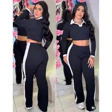 Conjunto Feminino Cropped Manga Longa E Calça Bicolor Elegante