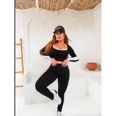 Conjunto Feminino Cintura Alta Com Cropped Manga Longa Moda Casual