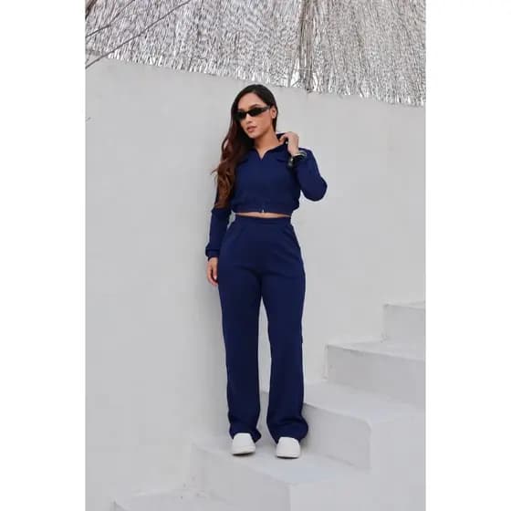 Conjunto Feminino Calça Reta Solta Casaco Manga Longa Com Zíper Premium