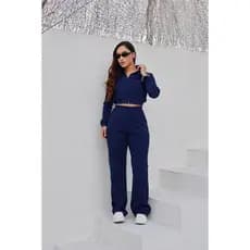 Conjunto Feminino Calça Reta Solta Casaco Manga Longa Com Zíper Premium
