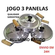 Jogo 3 Panelas Caçarolas de Alumínio Batido Grosso Fundido Tamanhos 16, 18 e 20 Preta e Polida