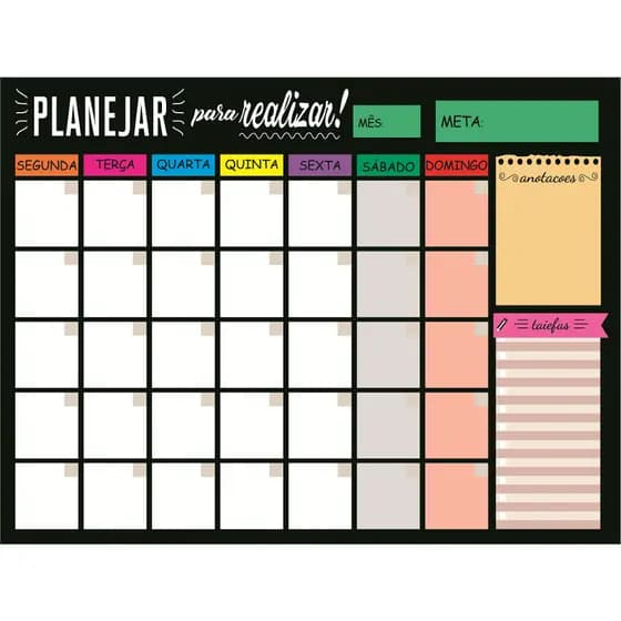 Quadro Planner Lousa Magnética de Anotações 40x60cm Planejamento Semanal Colorido+ 2 imas e 1 Caneta