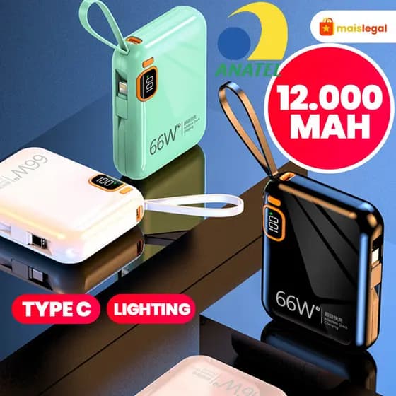 Bateria carregadora com cabo integrado compacta 12000mAh duplo carregamento rápido oferece recarga super rápida