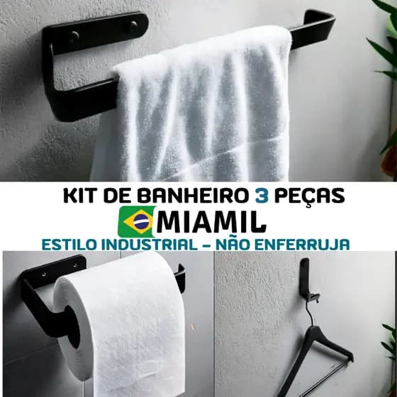 Kit de Acessórios para Banheiro 3 Peças: Porta Papel Higienico+Porta Toalha de Rosto +Gancho  Miamil