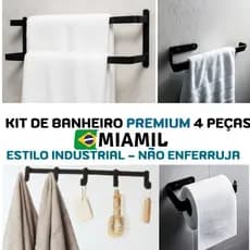 Kit Acessório de Banheiro 4 Peças com Porta Toalha Duplo e Gancho Multiuso Preto Industrial MIAMIL