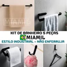 Kit de Acessórios para Banheiro 5 Peças Completo com Toalheiro e Suportes Preto Estilo Industrial
