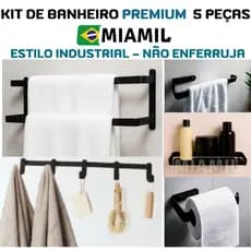 Kit de acessórios suporte para Banheiro preto 5 peças com Porta Toalha mais gancho de brinde Miamil