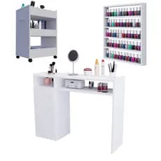 Kit Mesa Manicure 110CM Com Porta + Carrinho Auxiliar + Expositor Esmaltes Grande