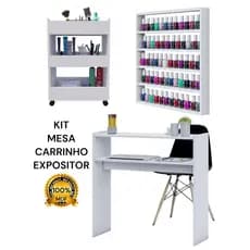 Kit Mesa de Manicure Carrinho Auxiliar Expositor De Esmaltes 100% MDF Salão de Beleza Studio Nail Designer Unha Em Gel