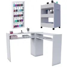 Mesa Para Manicure L + Carrinho Auxiliar + Expositor de Esmaltes Nail Designer Pedicure Profissional