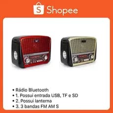 Caixa de Som Bluetooth Retrô JD-107 com Rádio FM AM SW, USB, SD, Lanterna e Bateria Recarregável Portátil