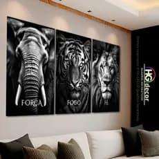 Kit Quadros Decorativos Fé Foco Força | Leão Tigre Elefante Animais Preto e Branco Kit 3 Quadros Vários Tamanhos Grandes