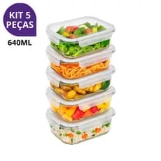Kit 5 Potes Hermético Vidro 640ml Marmita Fitness Tampa 4 Travas Para Microondas e Freezer