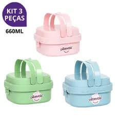 Kit 3 Potes Hermético Marmita Fit Com Alça e Divisórias Prática Plasvale Adulto e Infantil